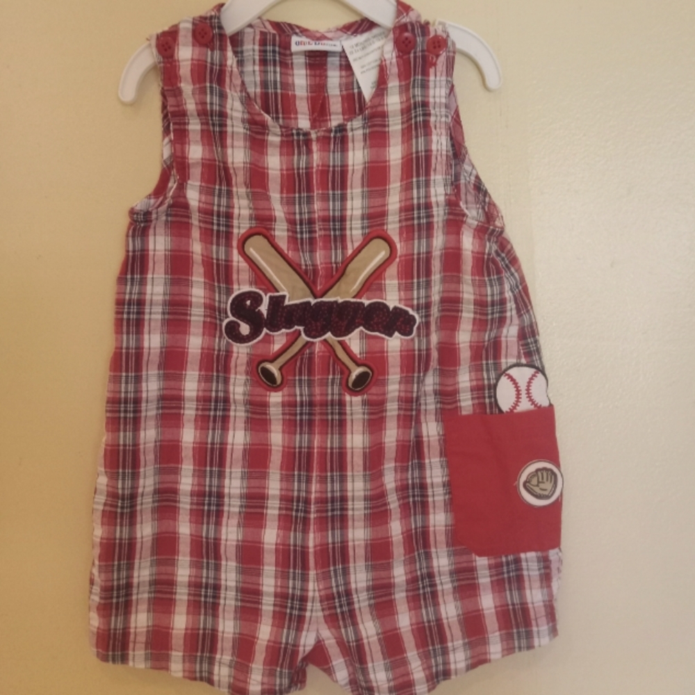 Red Plaid Sleeveless Romper with Baseball Patch